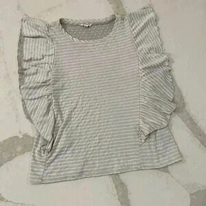 Jane & Delancey ShortSleeve Ruffled Sides Gray Striped Shirt Blouse Womens Large